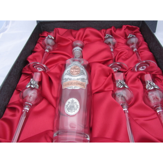 Pálinkás szett - Ón díszítésű 6 grappás pohár és díszüveg gyümölcsös - WineWorld Borbolt